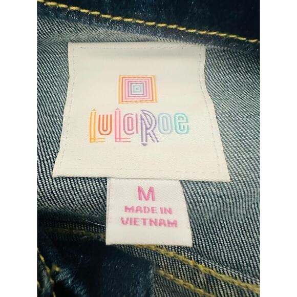 Lularoe Jean Jacket Women Medium Boho Gold Embroidery Flowers Dark Denim Pockets - Picture 7 of 10